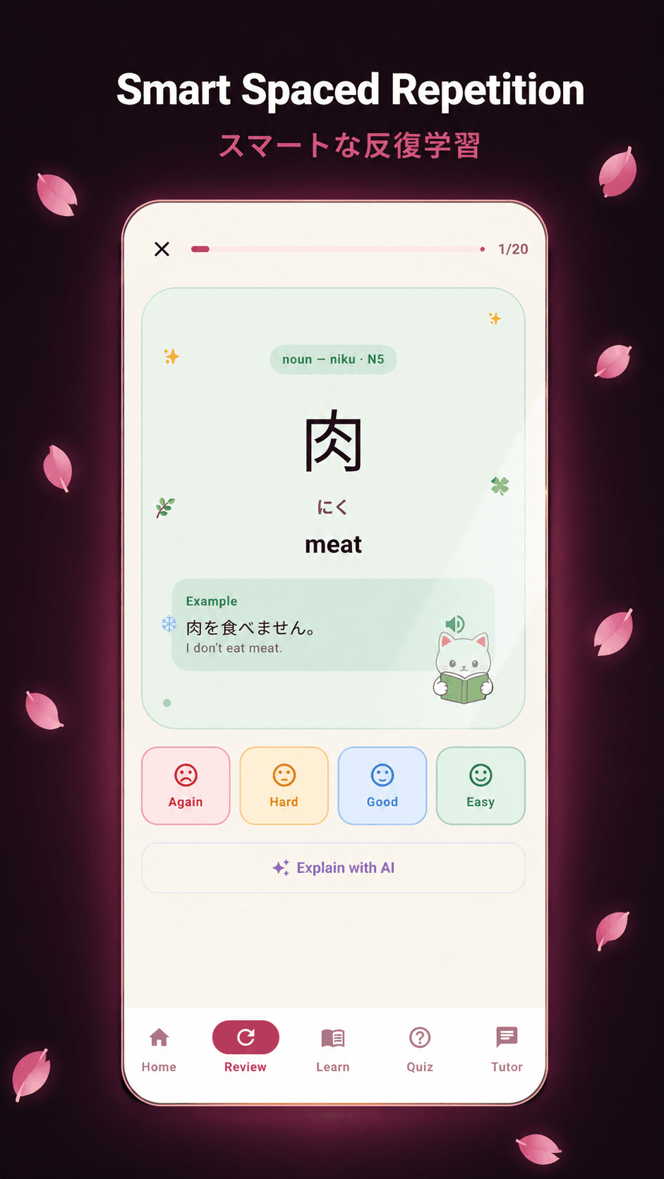 ZeroNihongo spaced repetition flashcard showing kanji 肉 with Again, Hard, Good, Easy grading and AI explanation