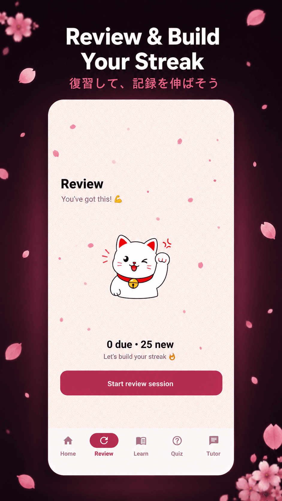ZeroNihongo review screen with maneki-neko mascot showing due cards, new cards count, and streak motivation