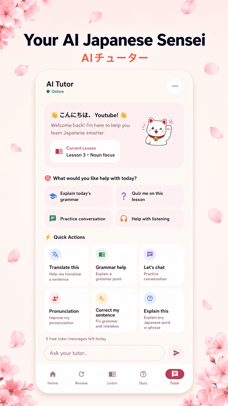 ZeroNihongo AI Tutor offering grammar explanations, conversation practice, translation, and pronunciation help